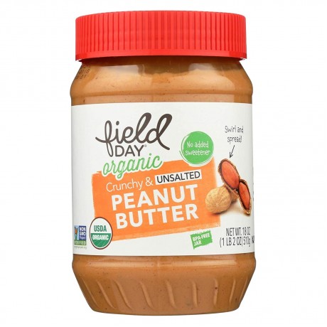 Field Day Organic Easy Spread Peanut Butter, Crunchy, No Salt (12x18Oz)