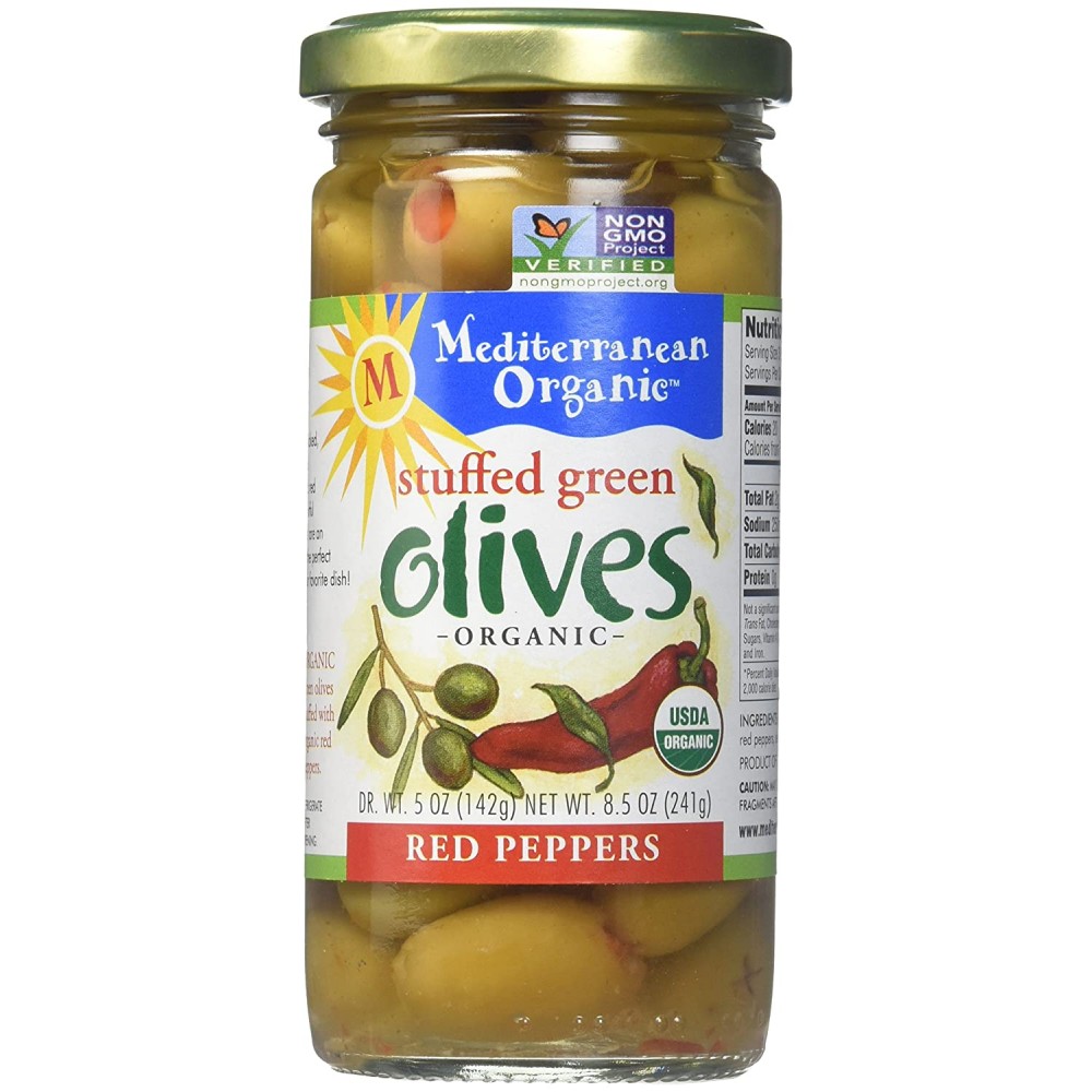 Mediterranean Organics Stuffed Green Olives Red Peppers (12x8.5Oz)